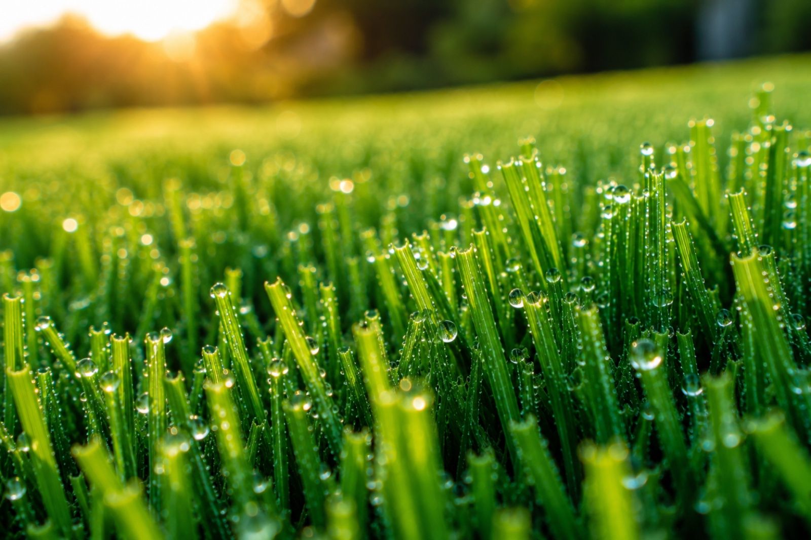 Lush, healthy lawn with morning dew at golden hour cared for by ProGreen
